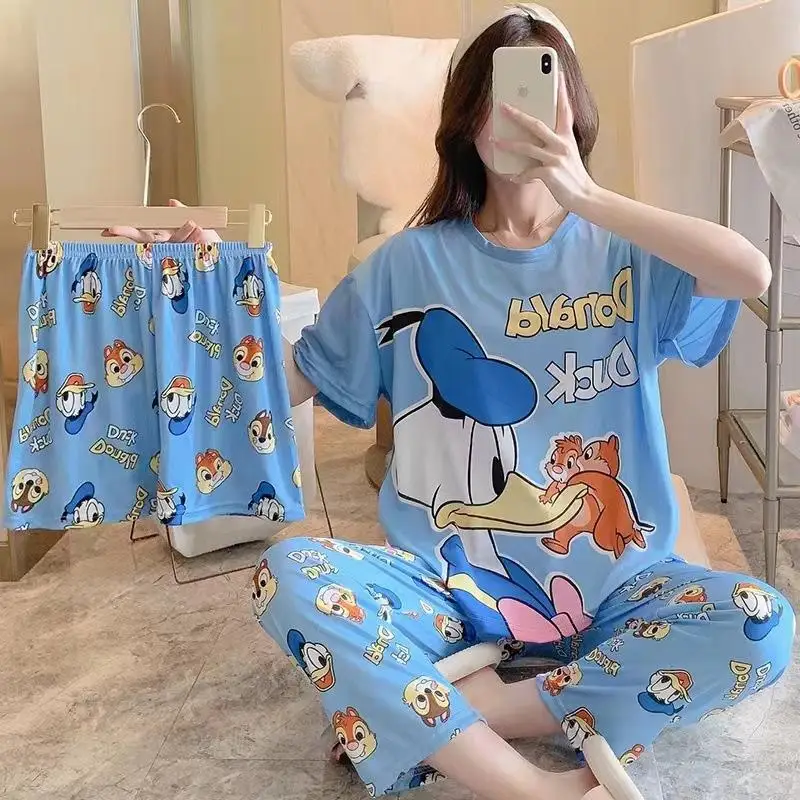 New Kawaii Mickey Mouse Pooh Bear Snoopy Pajamas Home Wear Short Sleeve Shorts Long Pants Three Piece Suit Soft Gifts For Girls