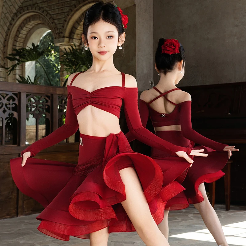 

Модный профессиональный костюм для латинских танцев для девочек, детская одежда для бальных танцев чача, красная одежда для соревнований по латинским танцам, SL14766