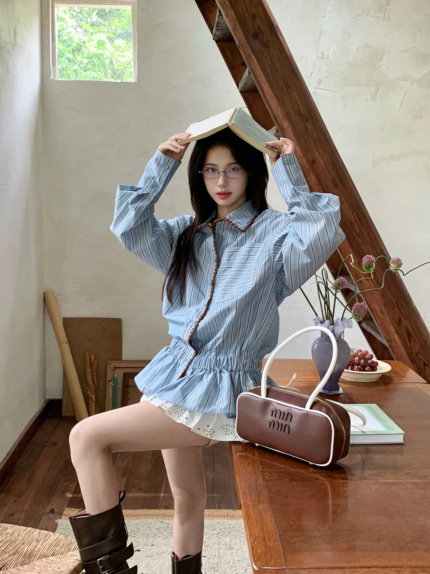 

Свободная полосатая женская блузка с завышенной талией, осенняя, миди, с длинным рукавом, универсальная, в стиле ретро, с цветовыми блоками, корейский стиль, для повседневной носки, простая