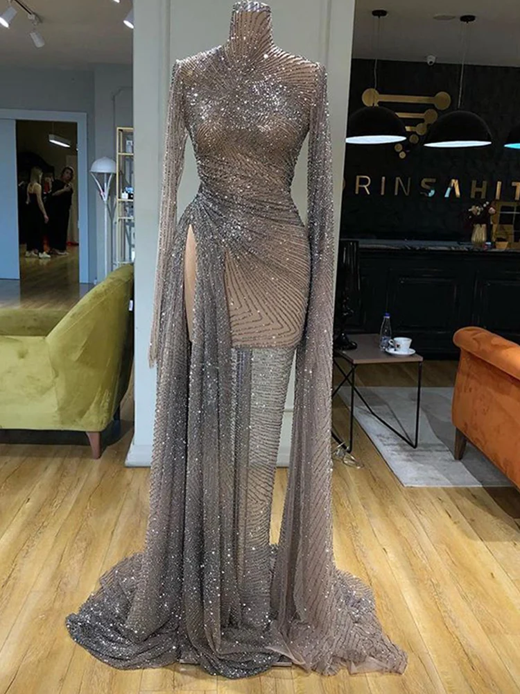 2024 Elegant Gray Mermaid Prom Dress High Neck Long Sleeves Sparkly Cloak High Split Gown Formal Party Dresses Robe De Soirée