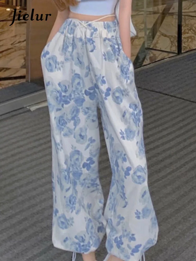 Jielur Sexy Y2K Floral Two Piece Top Pant Set Women Korean Casual High Street Summer Suit Elegant Mini Top Long Wide Leg Pants