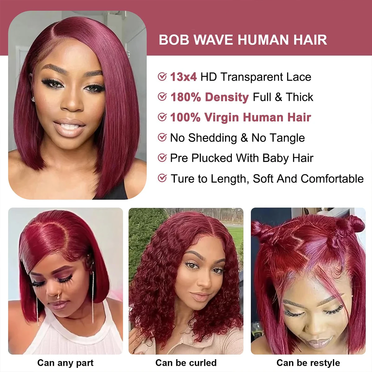 200density 버건디 숏컷 스트레이트 인모 가발 99j 레드 컬러 밥 가발 13x4 HD 투명 레이스 프론탈 가발 (여성용)