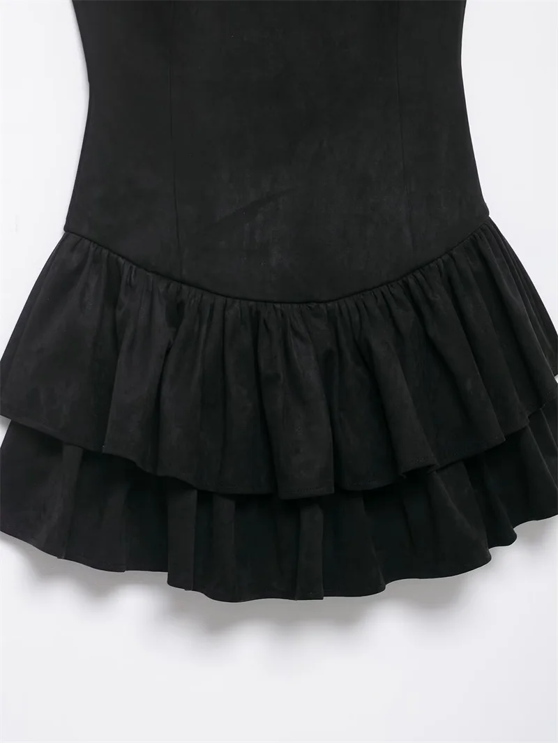 Vestido feminino 2025 outono novo estilo preto sem mangas camurça textura em camadas mini vestido exclusivo moda socialite