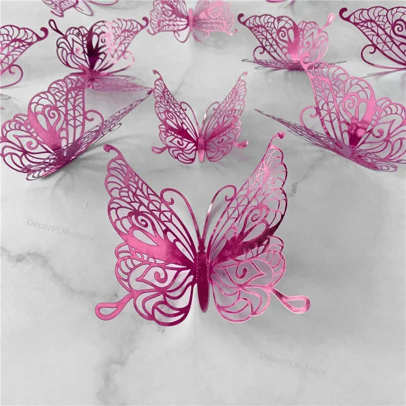 12-piece 3D butterfly wall decal set in red blue rosered black – thick paper card material – double-sided adhesive – removable w