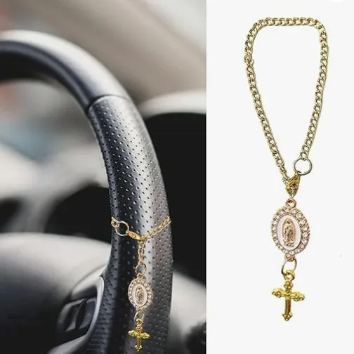 

Car Steering Wheel Rosary Charm Cross Pendant Religious Ornament Auto Interior Accessory Decor Christian Hanging Dashboard Gift