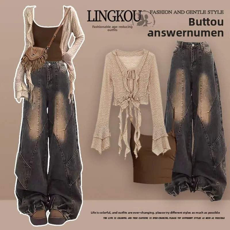 여성 여름 웨스턴 스타일 티셔츠 세트 (오픈 가디건 & 데님 와이드 레그 팬츠 롱 슬리브 V넥 패션 앙상블)