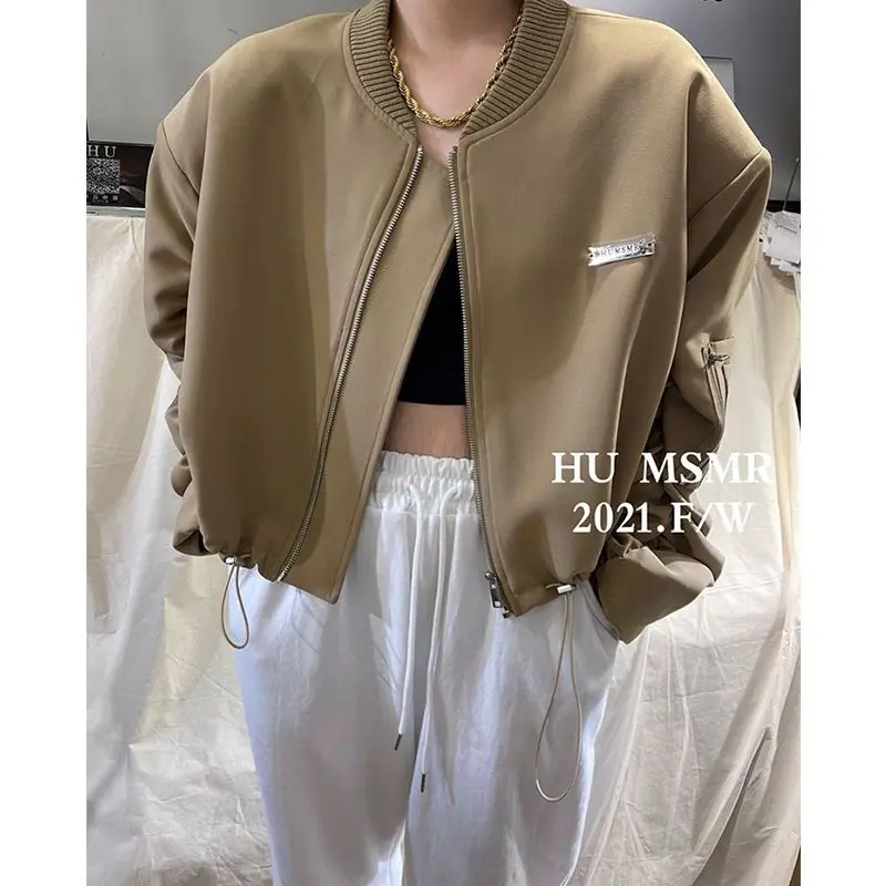 Women Loose Cropped Bomber Jacket Drawstring Hem Long Sleeve Casual Thick Baseball Coat Autumn Winter