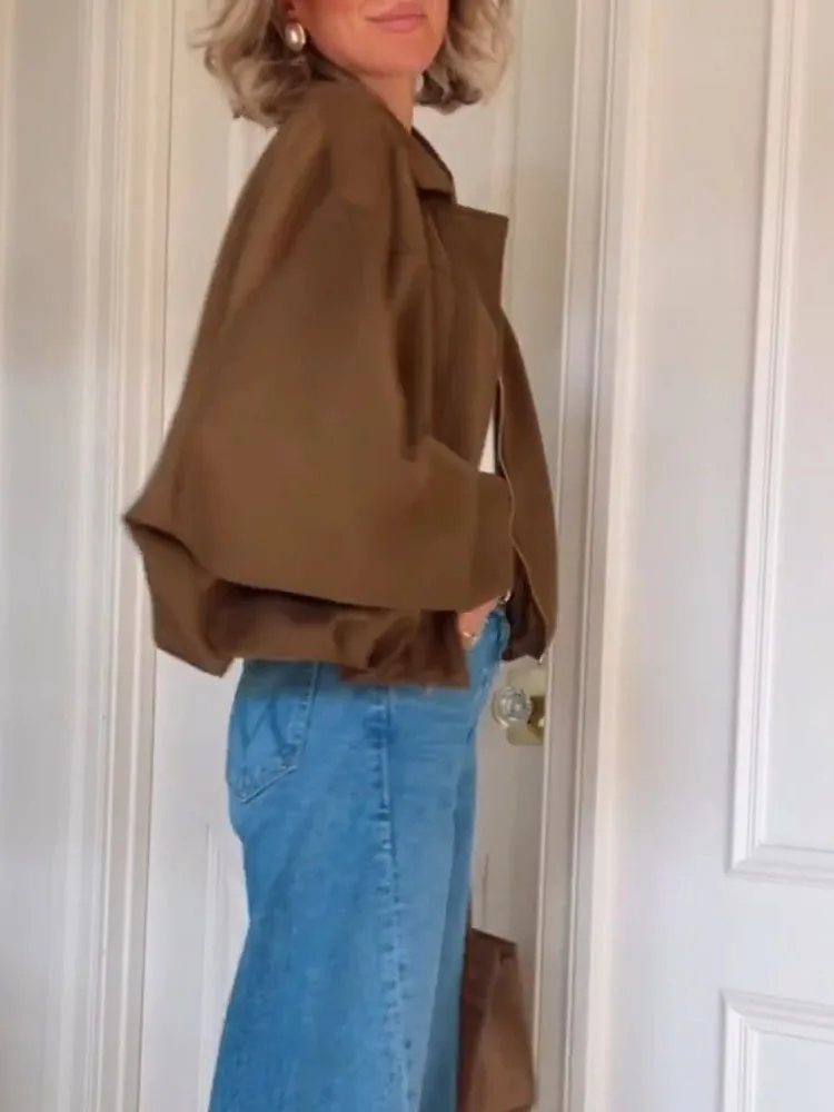 Cappotto autunno inverno in pelle scamosciata con maniche a pipistrello Giacca da donna con cerniera con risvolto Design tinta unita Capispalla ampio a maniche lunghe per le vacanze retrò