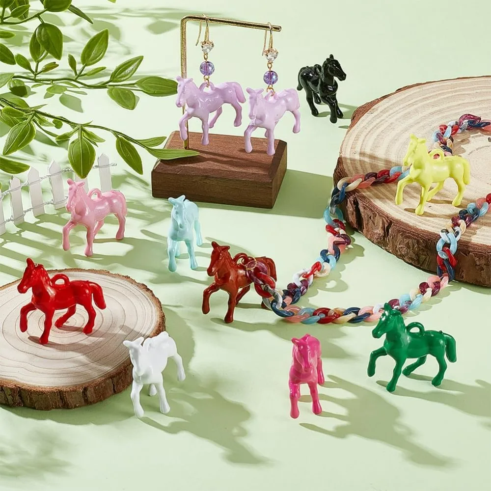 48pcs Opaque Acrylic Pendants 12 Colors Little Horse Animal Resin Charms Horsemanship Pendants Colorful Craft Beads making kit