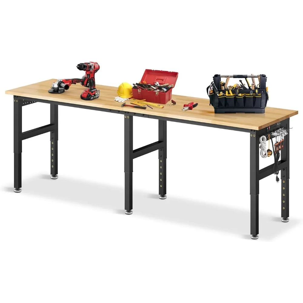 

96”Adjustable Work Bench, 5000 LBS Capacity Heavy Duty Workbench with Power Outlet & Pegboard, Rubber Wood Work Table for Garage