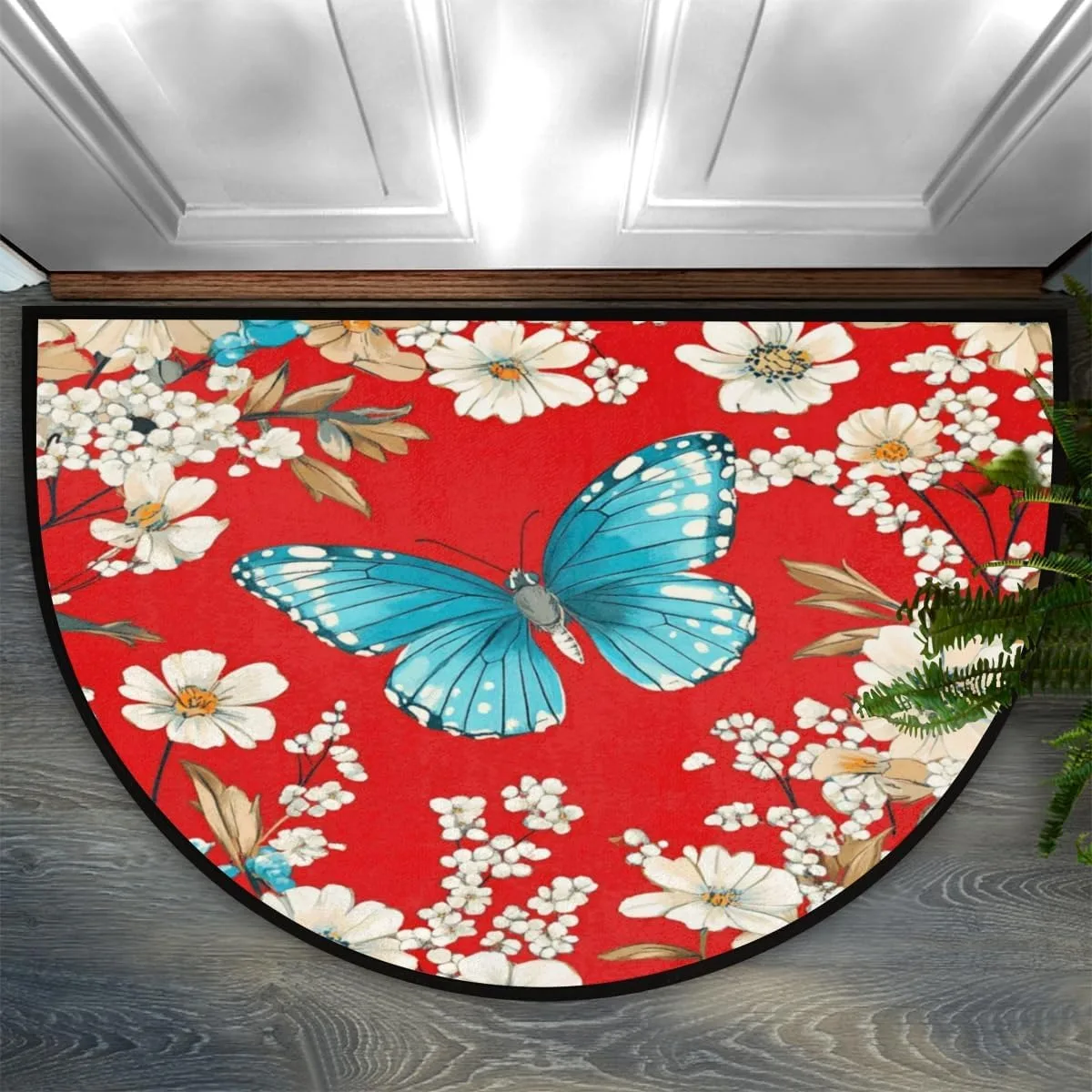 Bathroom Floor Half Round Door Rug Butterfly Glass Window Intdoor Entrance Non-Slip Welcome Mat for Outdoor Semi Circle
