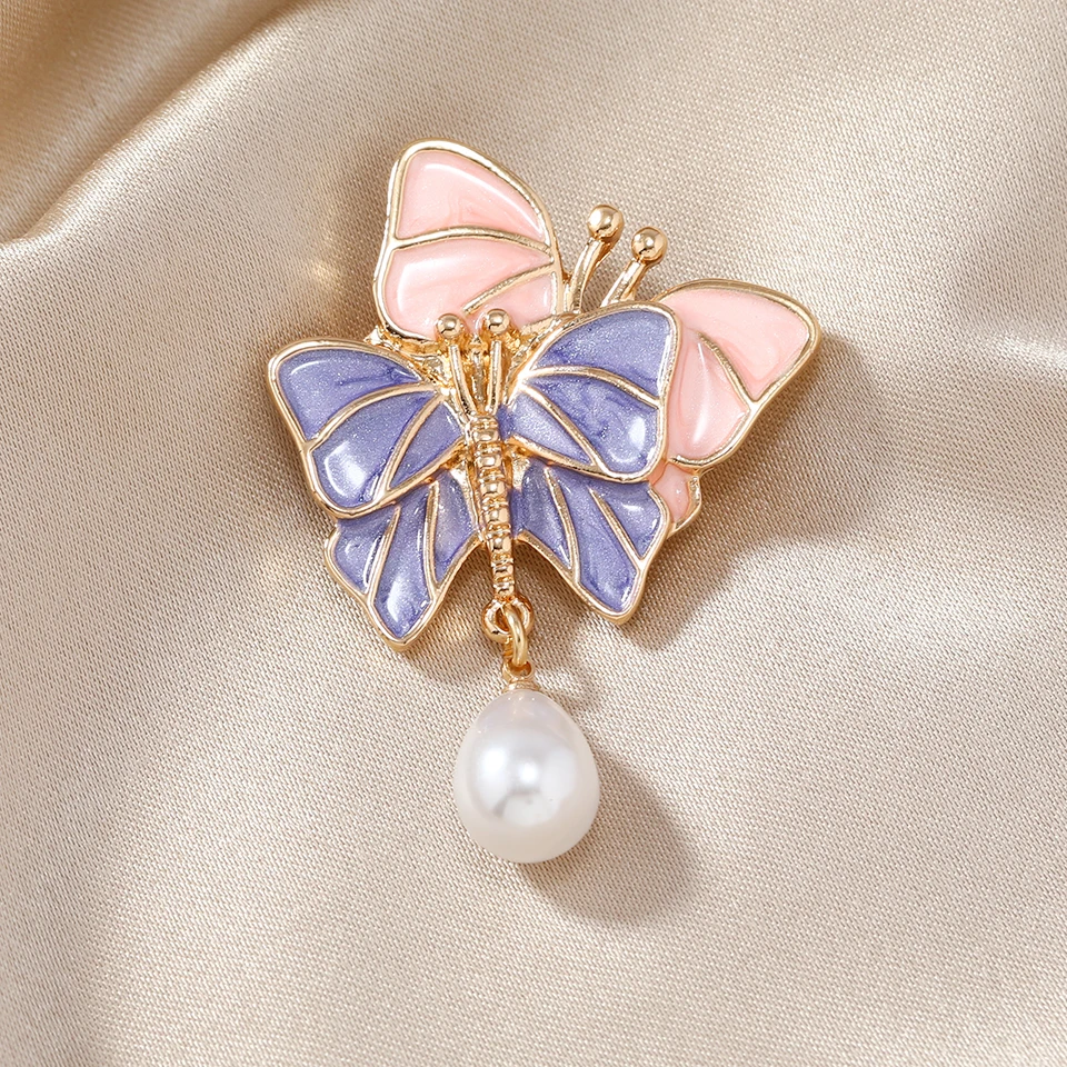 Morkopela Enamel Butterfly Brooch Simulated Peals Drop Insect Butterflys Brooches Pin Clip For Women Clothes Accessories