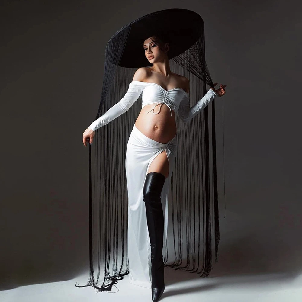 Maternity 2 PC/Set V Neck Cut Out Backless Long-Sleeved Rawstring Top Slit Dress Set Photography Outfit For Baby Shower Party