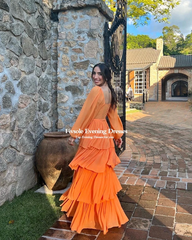 LORIE Orange Tiered Chiffon A-line Prom Dresses Dubai Vestidos De Noche Sleeveless Long Sleeves Robes De Soirée Party Dresses