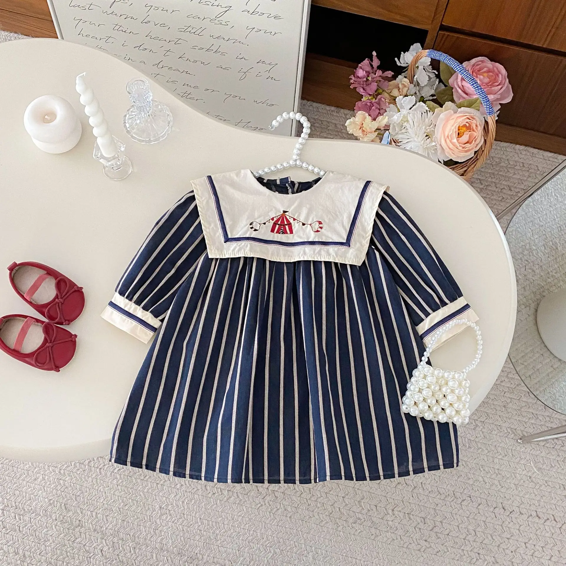 

Baby Girl's Dress 0-6 Years 2025 Autumn New Retro Children's Embroidered Dress Striped Long-sleeved Princess Dresses Clothes