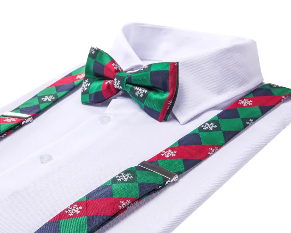 Hi-Tie Green Christmas Snow Silk Mens Suspender Bowtie Hanky Cufflink Adjustable Clip On Xmas Braces for Male Wedding Wholesale