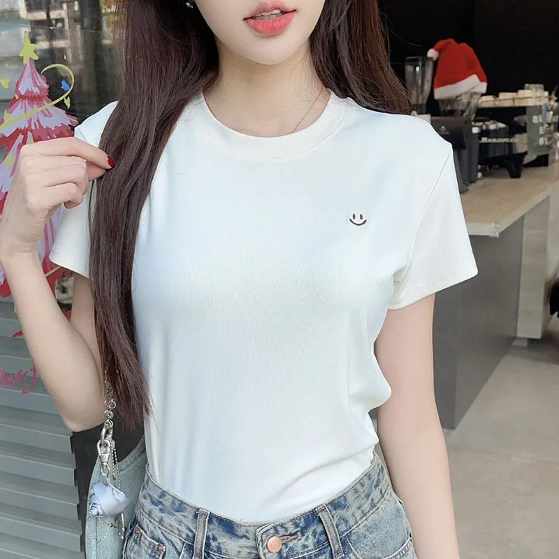 Korean Smiling Face Embroidery Women's T-Shirt Summer New All-Match Short Sleeve O-Neck T Shirts 7 Color Slim Casual Tees Tops