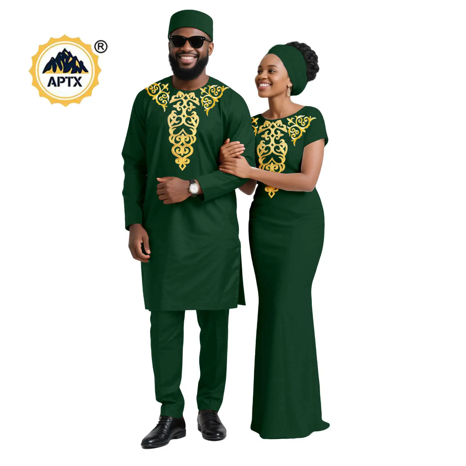 

African Long Dresses for Women Matching Couples Outfits Dashiki Men Appliques Hat Top and Pants Sets Bazin Riche Party 25C041