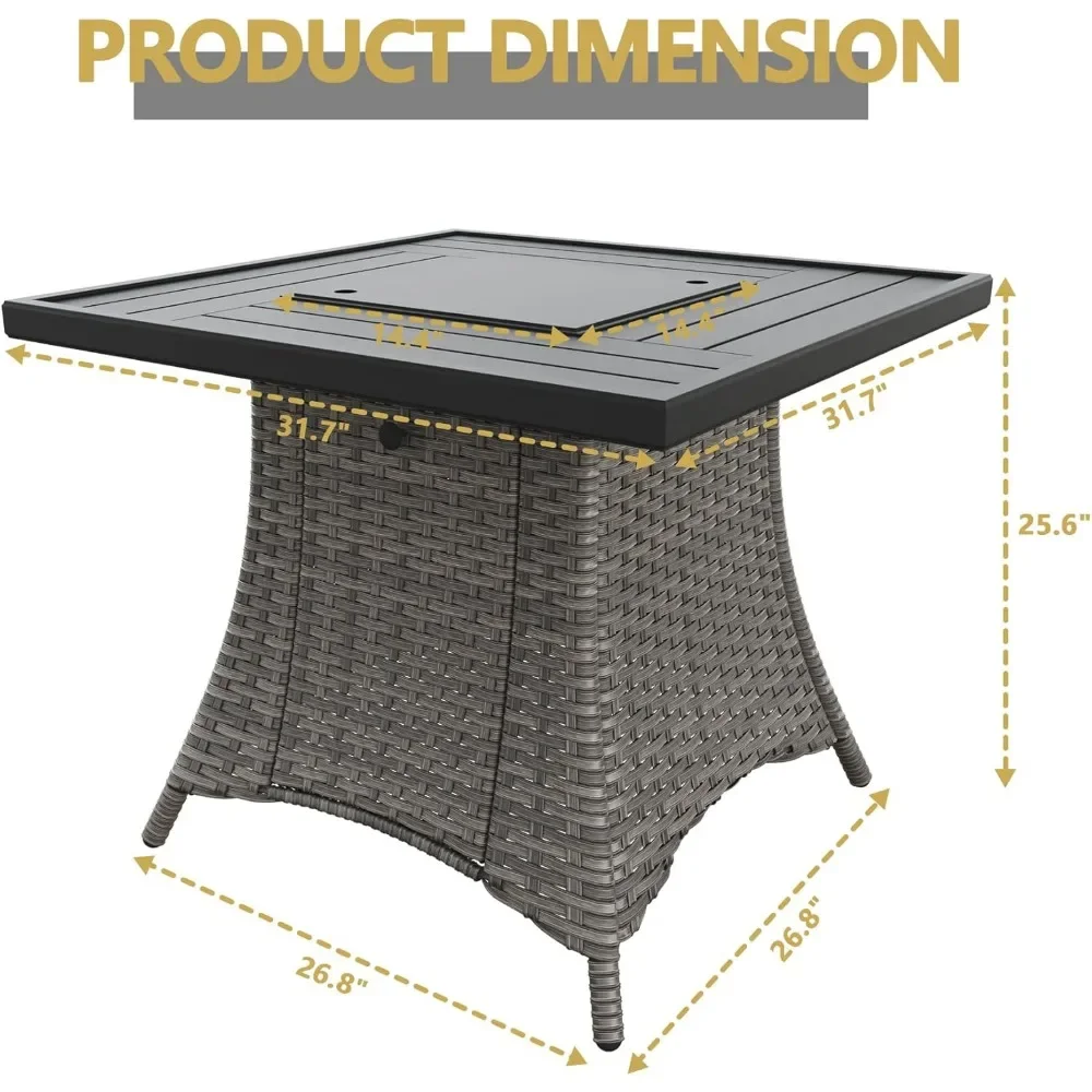 31” Fire Pit Table, Square Black Steel Tabletop and Rattan Wicker Base, 55000 BTU Outdoor Rattan & Wicker Propane Gas Fire Pit