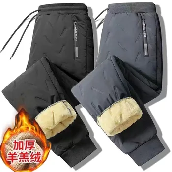 סתיו 2024 וחורף אופנה חדשה צבע מוצק עמיד למים ועבה פליז מכנסיים חמים גברים מזדמנים רופפים בתוספת גודל ספורט מכנסיים