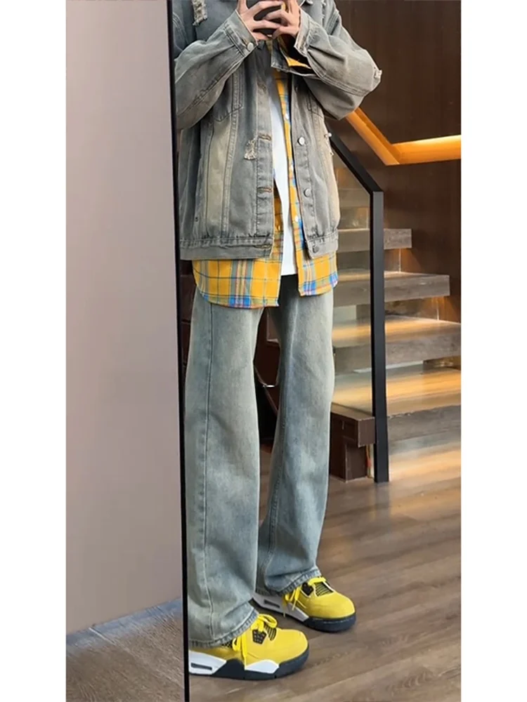

Retro Wa Blue Men's Jeans High Street Vibe Trendy Brand Haome Wide Leg Straight Cut Denim Pants Autumn Collection