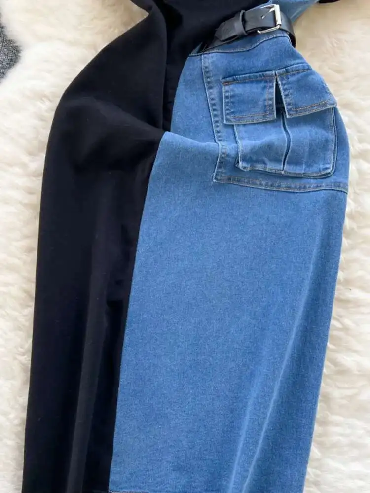 XFPV النساء فيستدوس الألوان المتناقضة المرقعة سليم صالح عالية الخصر فساتين من قماش الدنيم التلبيب Vestidos لربيع وصيف 2025 SM10385 #4