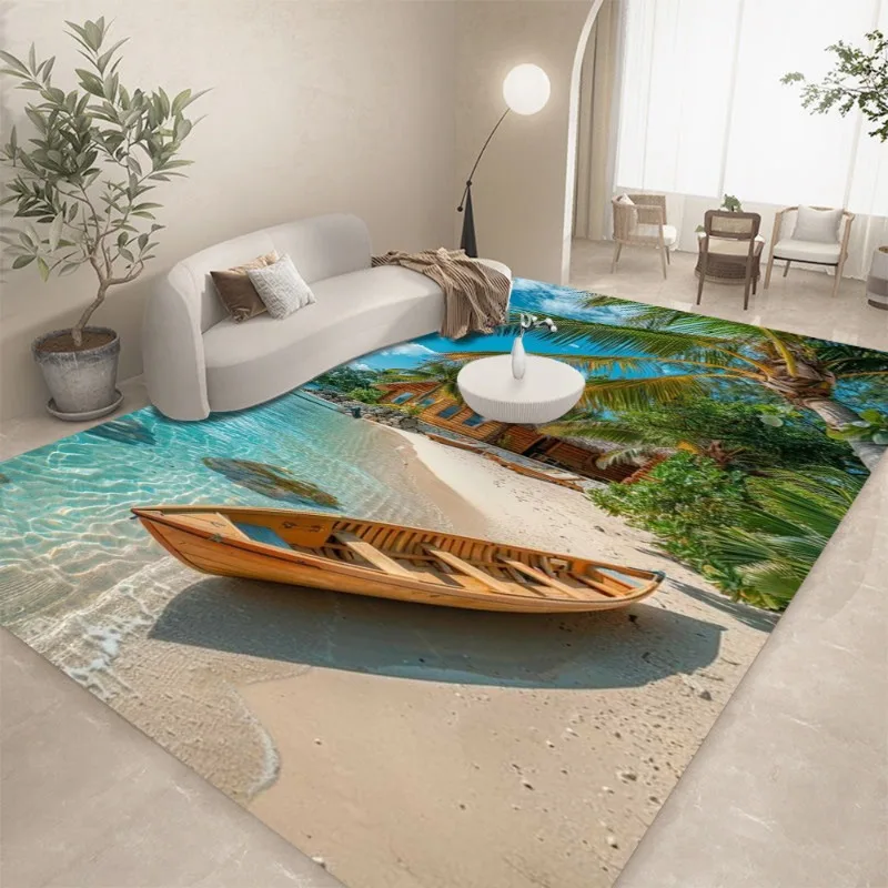 

3D Beach Scene Carpet Mat Rug Palm Tree Floor Mat for Living Room Bedroom Home Decoration Area Rug with Wooden Boat Pattern