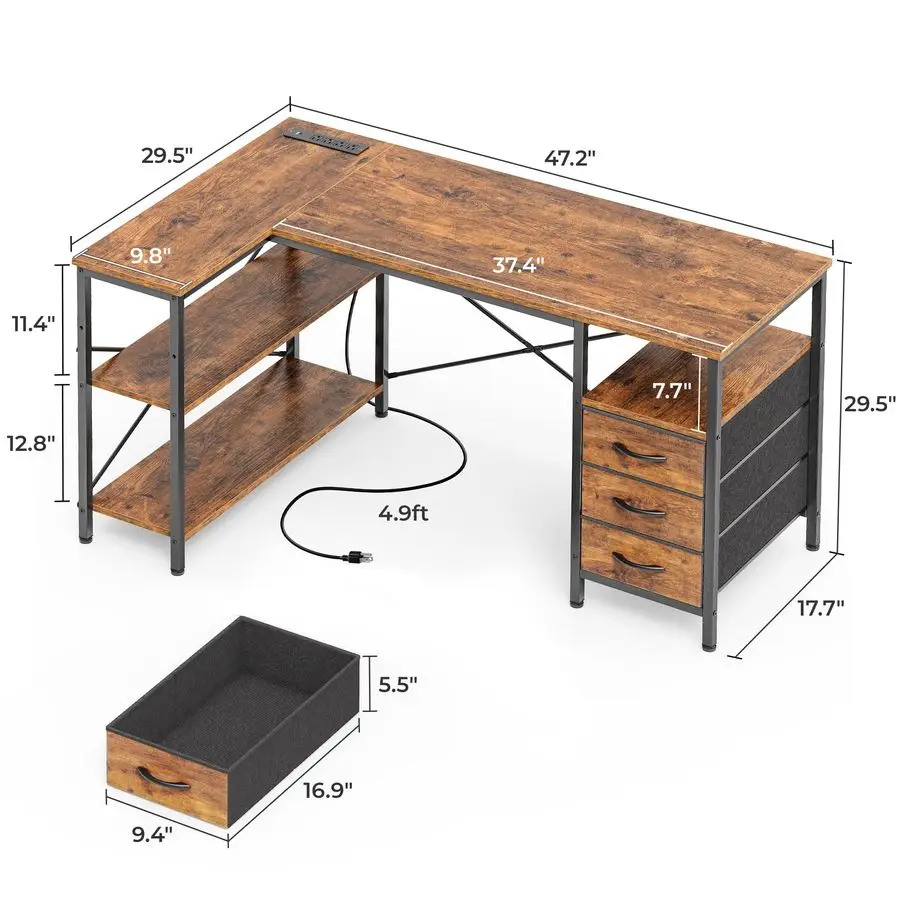 L Shaped Office Desk with Power Outlets, 47 Inch Computer Desk with 3 Drawers, Shelves, for Gaming, Corner Work, Home Office, St