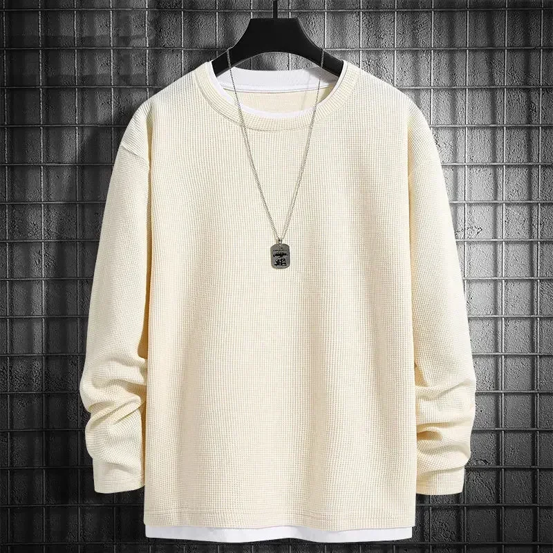 Male Clothes Off White Pullover Solid T-shirt Sweatshirt for Men Hoodieless Simple Waffle Spliced Top Sweat Cotton New in Cheap