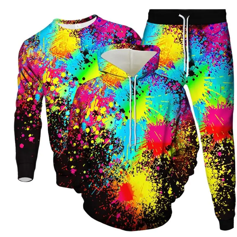 Colorful Paint Splash Pattern 3D Printed Men Clothing Suit Unisex Hoodies Sweatshirt Pants 3Pcs Set Male Outdoor Tracksuit S-6XL