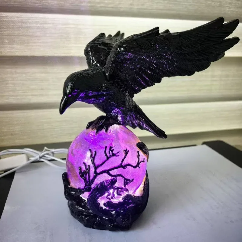 Gothic Black Raven Sculpture LED Night Light Purple Glowing Crystal Sphere Lamp Mysterious Dark Decor Unique Desktop Ornament