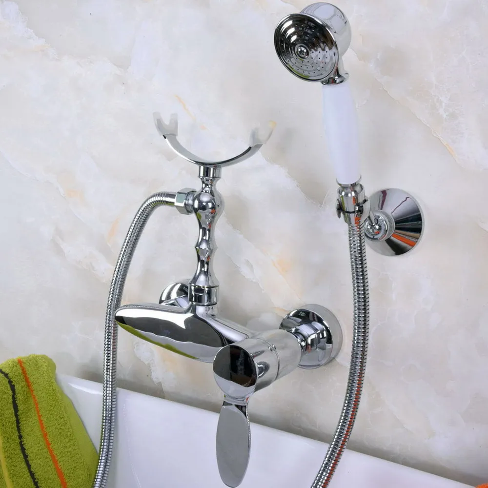 

Polished Chrome Brass Wall Mount Bathtub Faucet with Handheld Shower Set +1500MM Hose Mixer Tap 2na258