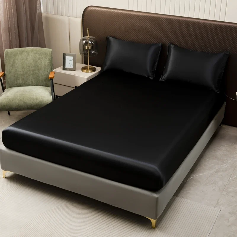 3 قطعة الساتان الأسود المجهزة ورقة بلون التوأم كامل الملكة الملك الجليد غطاء مرتبة من الحرير مع شريط مرن غطاء سرير سادات