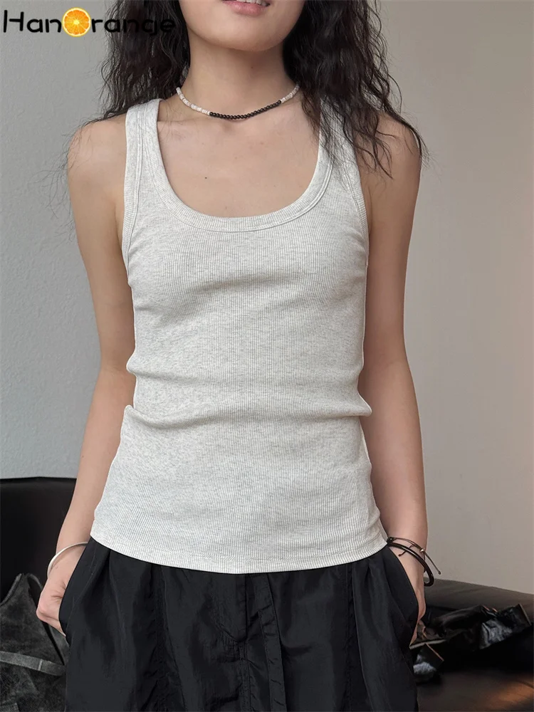HanOrange 2026 Summer Simple Large U-neck Ribbed Tank Women Comfortable High Strecth Top Black/Off White/Pickle Green