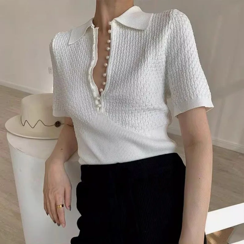 Summer Korean Version White All-match Knit T-shirt Women Fashion Turn-down Collar Short Sleeve Y2k Top Casual Chic Pullovers