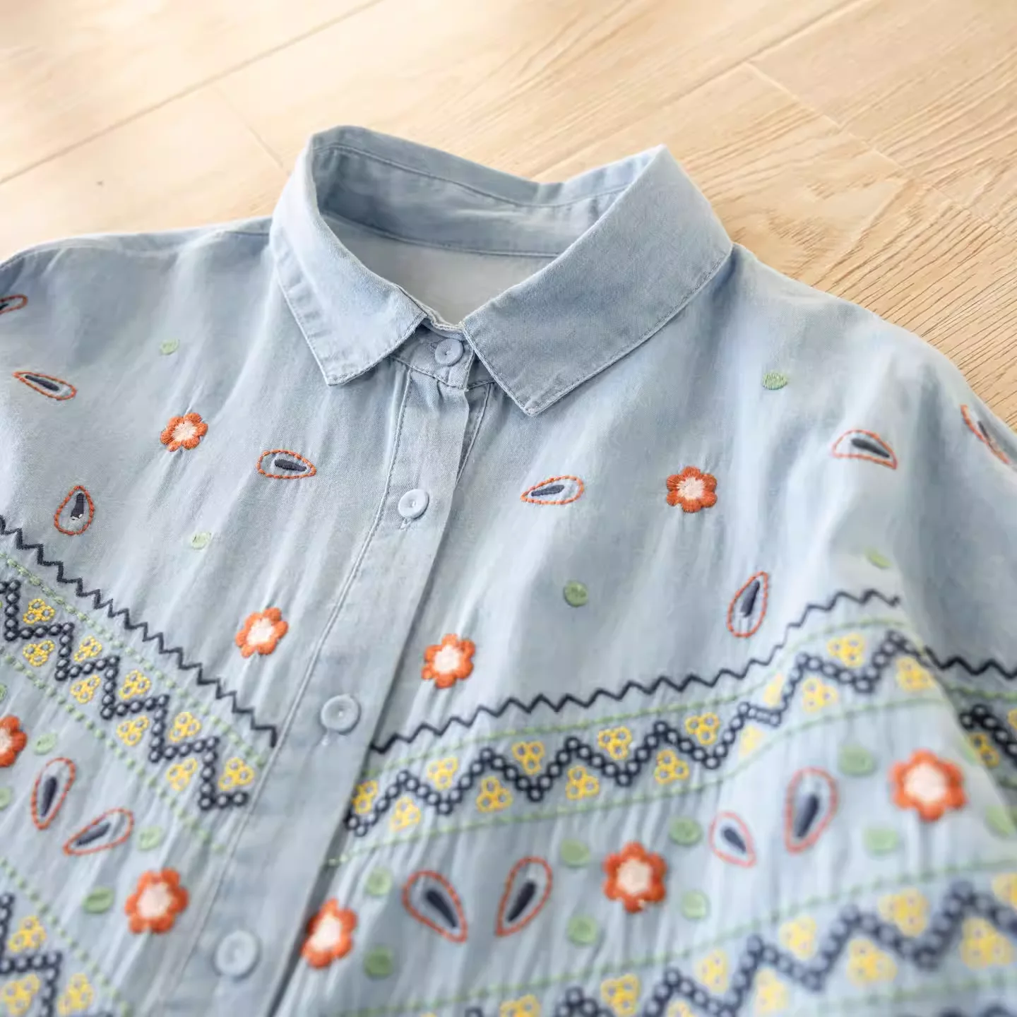 

2026 Japanese clothing bohemian cotton embroidered women's denim shirt and blouses spring women's clothing