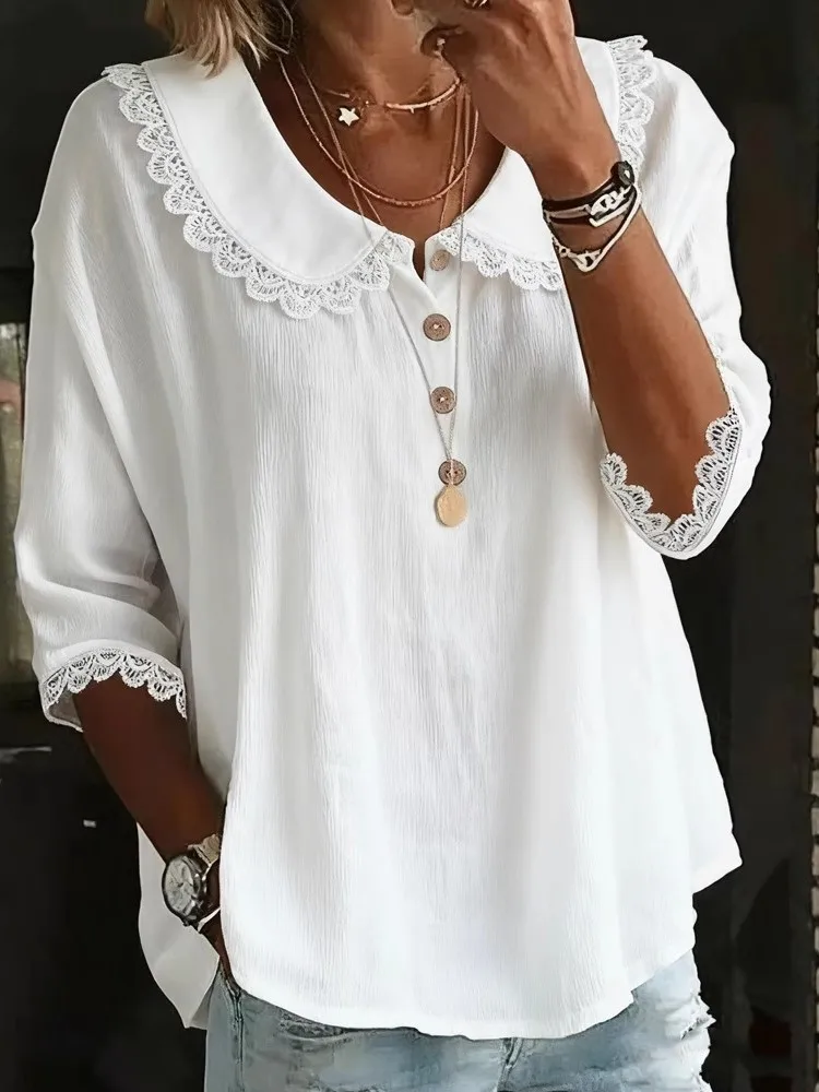 

Однотонная кружевная рубашка для женщин, модный пуловер с длинным рукавом и круглым вырезом на пуговицах, топы, женская повседневная праздничная женская одежда, весна