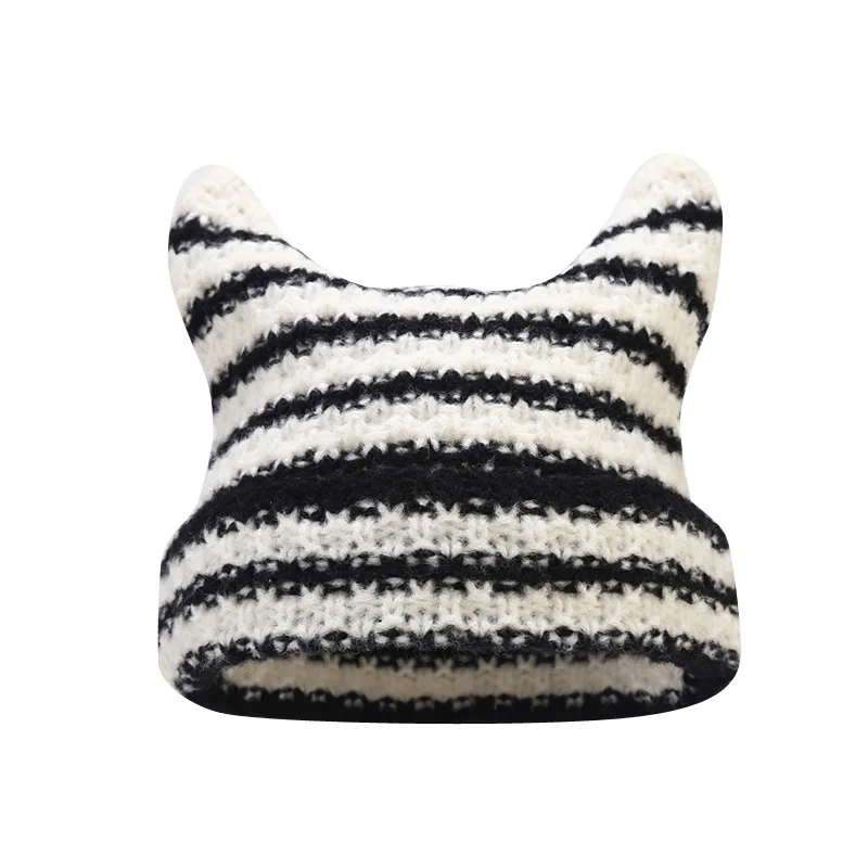 2023 Imp Ear Warm Woolen Cap Female Cute Cat Ears Fashion Striped Knitting Cap Set Head Cap Fashion Hip-hop Cotton Cap Bean Cap