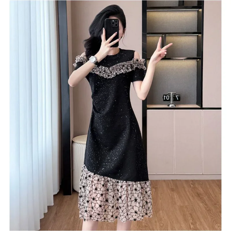 

2025 Summer New Women Fashion Ruffle Patchwork Dress Lady Graceful Sexy Black Off-Shoulder Dresses Date Party Clothing Female