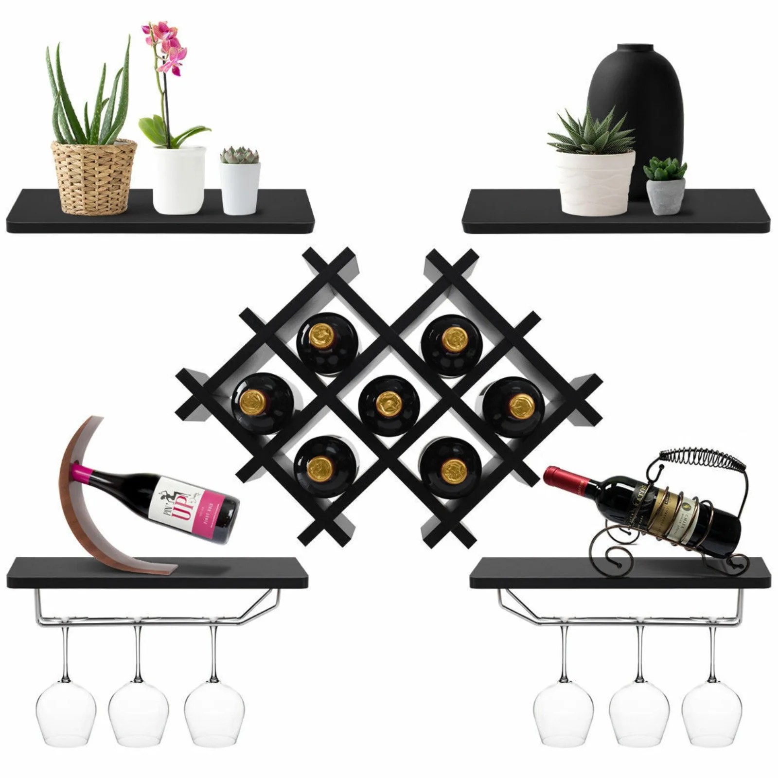 US Set of 5 Wall Mount Wine Rack Set Storage Shelves and Glass Holder Black