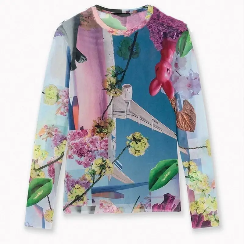 

A new Spanish printed mesh fabric stylish round-neck top for export original order