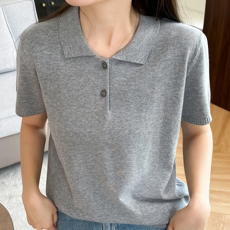 Summer 100% pure cotton women's T-shirt casual solid color knitted pullover sho… - Image 4