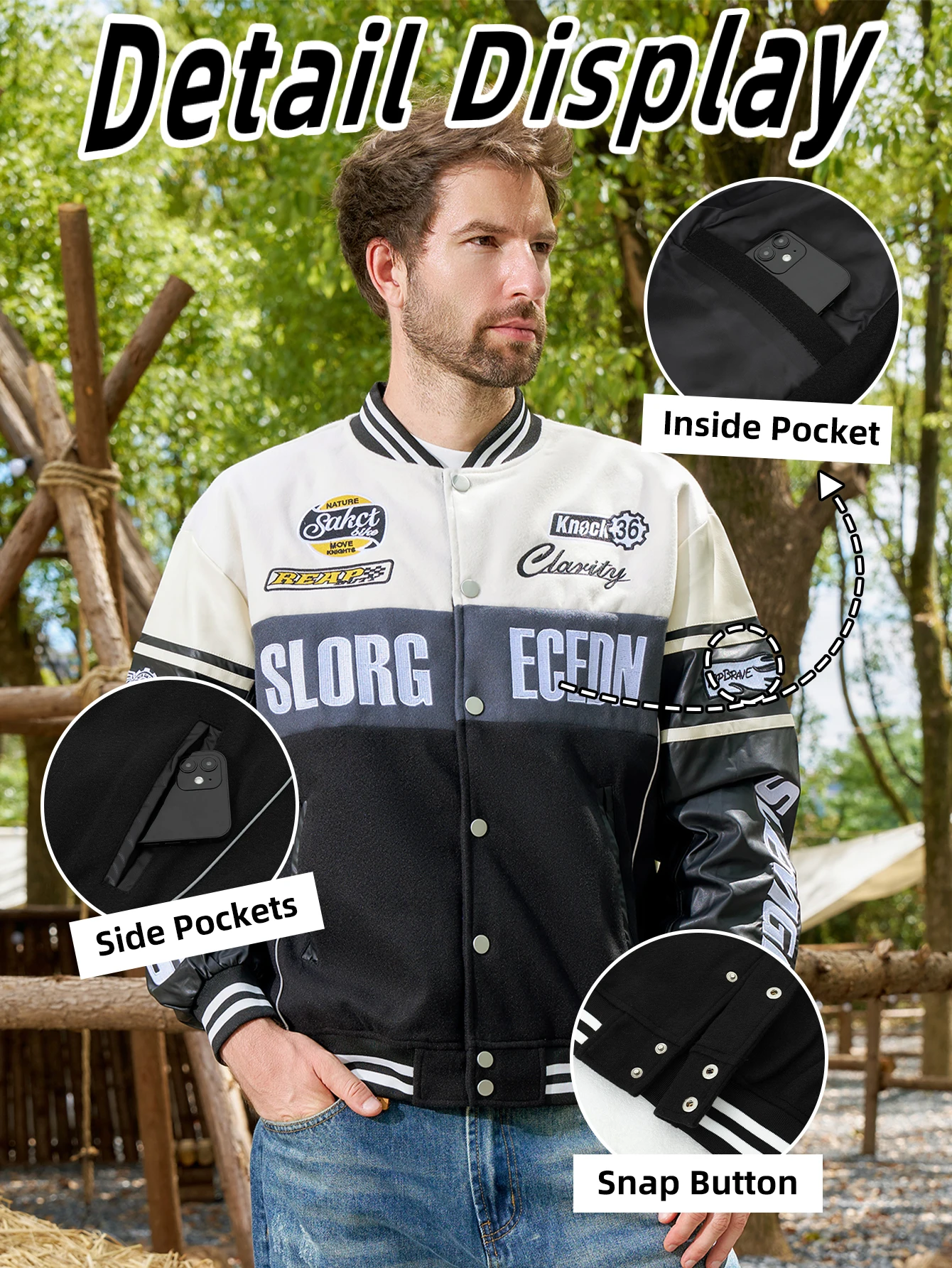 Men's Casual Jacket Bomber Motorcyclestyle Jacket Coats Reflective Strip Varsity Baseball Outerwear Lightweight Windbreaker