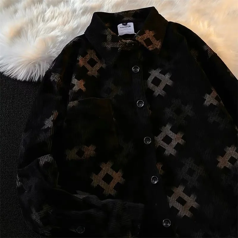 

Vintage Large Size Long Sve irt Men's Loose Couple Contrast Color Sle Retro Teenage Haome Polyester Autumn irt