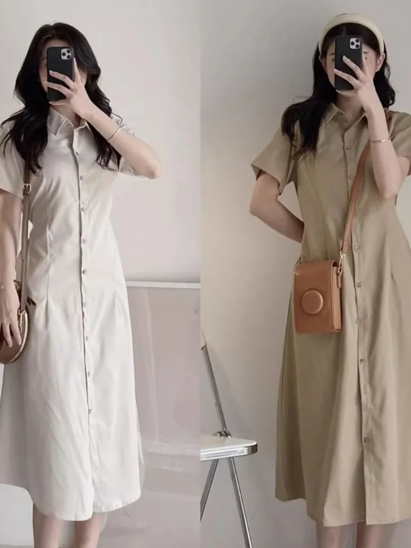 Chic Retro Turn-down Collar ort Sve irt Dr Slimming Waist High Waist Long Skirt Women's Summer Single Button Dr