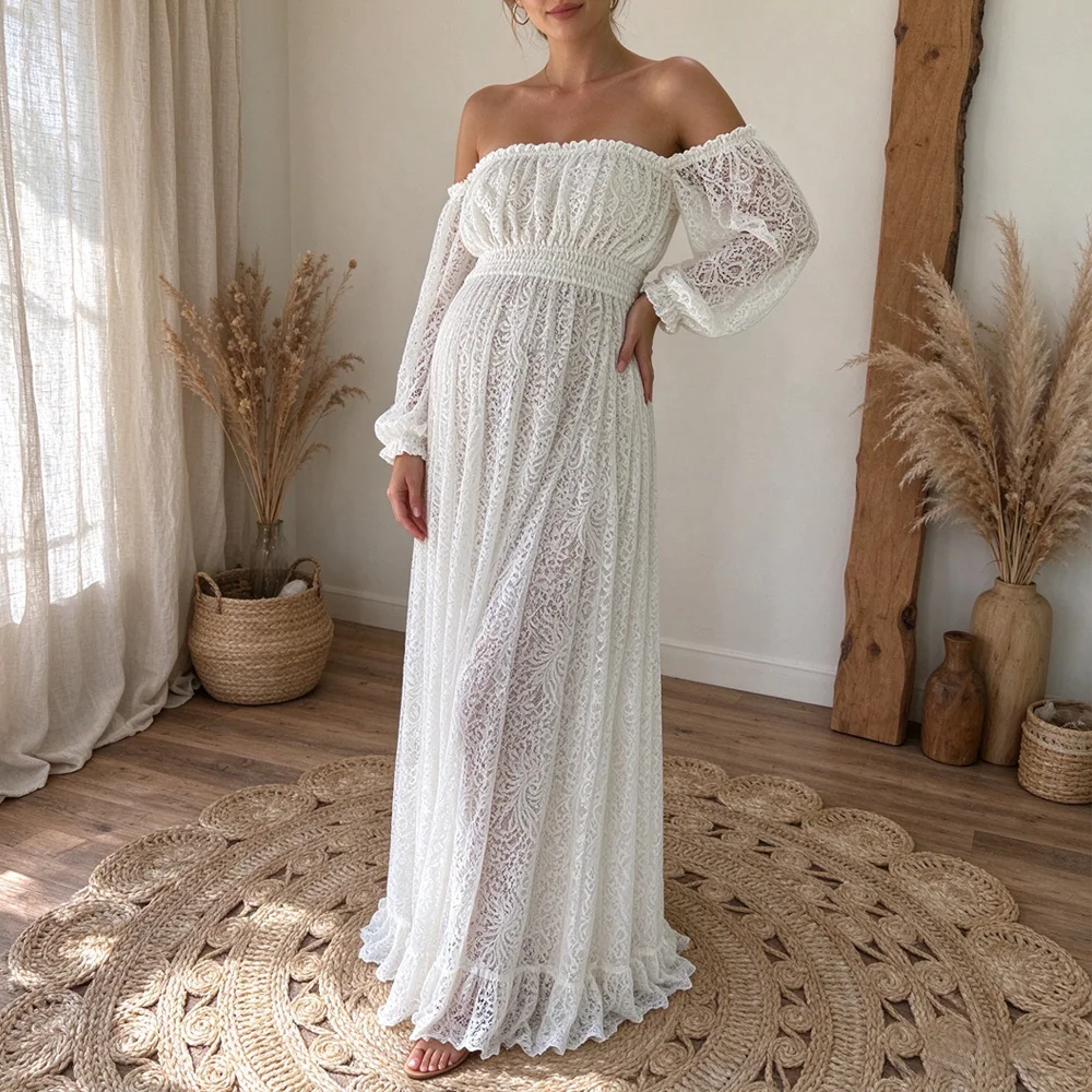 White Off Shoulder Maternity Photoshoot Gown Cashew Flower Hollow Lace Long Sleeved Dress Pregnant Women Photography Dress