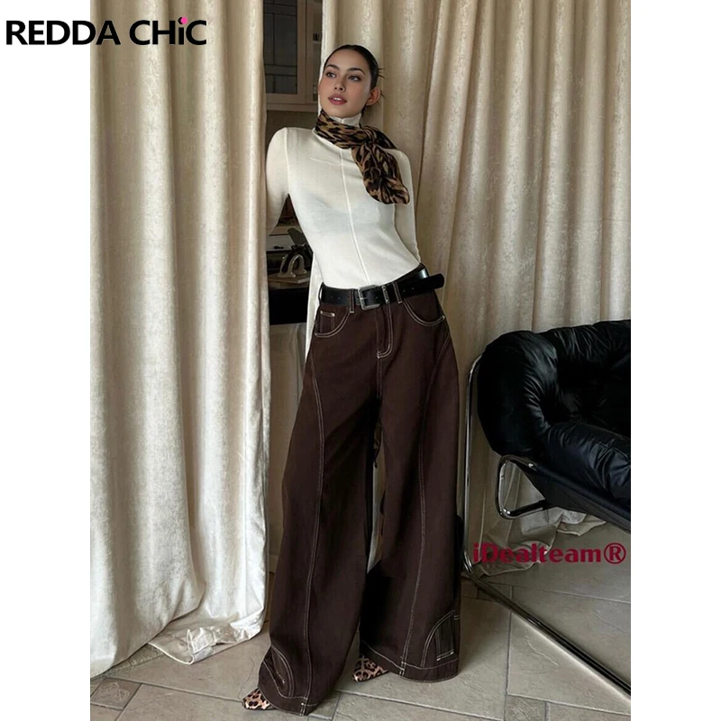 REDDACHiC Big Size Brown Baggy Jeans Women Retro Upside Down Stitch Seamed High Waist Wide Leg Pants Hip Hop Korean Streetwear