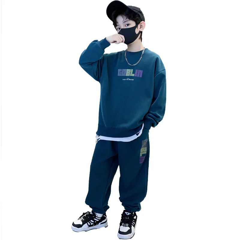 Spring Autumn Boy Contrast Alphabet Sweatshirt+Sweatpant Set School Kids Tracksuit Child Work Outfit Student Jogger Suit 5-14Yrs