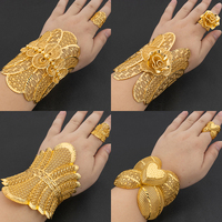 African Cuff Bangles with Rings Wedding Banquet Gifts Women Charm Adjustable Rings Gold Plated Bangle Luxury Jewelry Accessories