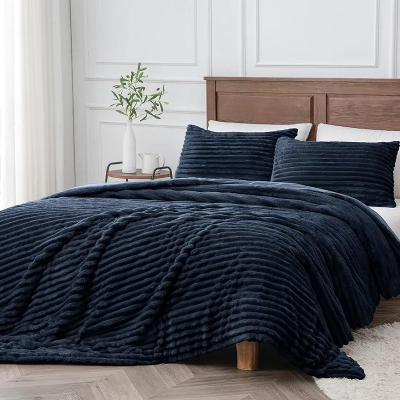 

Queen Comforter Set -Super Soft & Warm Fluffy Navy Blue Bedding, Luxury Fuzzy Heavy Bed Set for Winter with 2 Pillow Cases